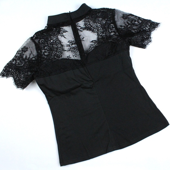 Keyhole Sweetheart Neckline Lace Detail Black Top - Picture 8 of 8